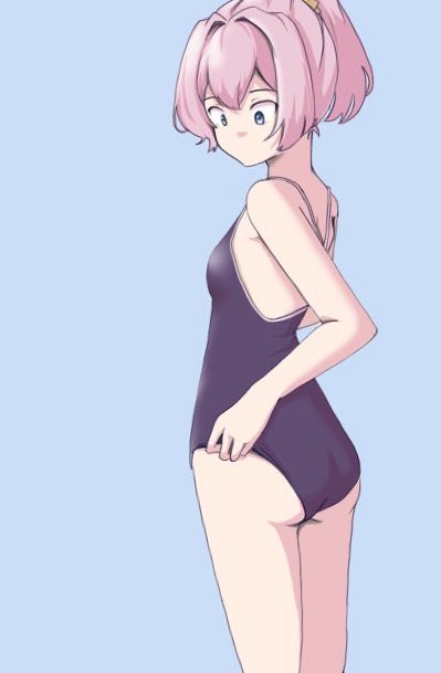 chakoru, shiranui (kancolle), kantai collection, hashtag-only commentary, 1girl, adjusting clothes, adjusting swimsuit, blue background, blue eyes, blue one-piece swimsuit, competition school swimsuit, feet out of frame, one-piece swimsuit, pink hair, ponytail, school swimsuit, short hair, solo, swimsuit