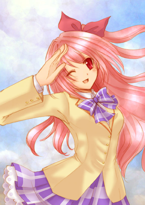 anni shiro, sakihata rimi, chaos;head, science adventure, bad id, bad pixiv id, 00s, 1girl, female focus, one eye closed, one side up, school uniform, solo, wink