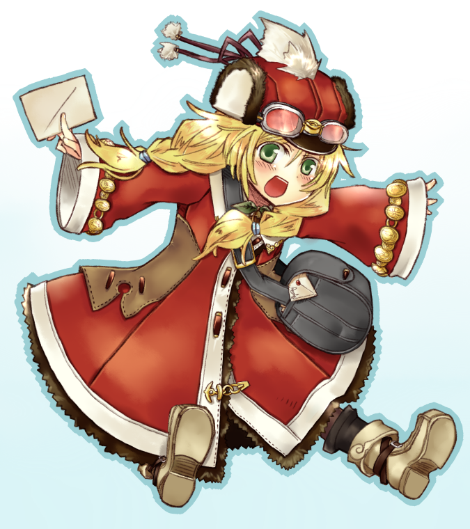 anette, rune factory, blonde hair, coat, goggles, green eyes, green hair, hat, long hair, smile, solo