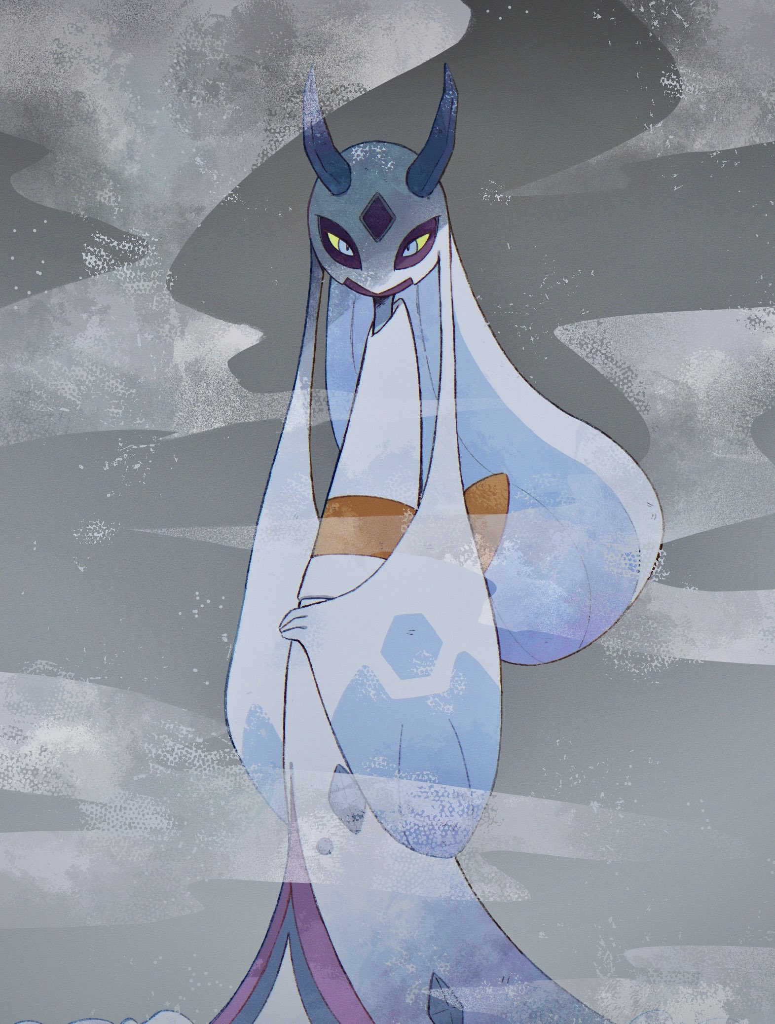hime (himetya105), froslass, mega froslass, nintendo, pokemon, pokemon legends: z-a, commentary, highres, blue eyes, colored sclera, diamond (shape), fog, gen 4 pokemon, grey background, horns, ice, looking at viewer, mega pokemon, no humans, pokemon (creature), pokemon focus, sash, solo, yellow sclera
