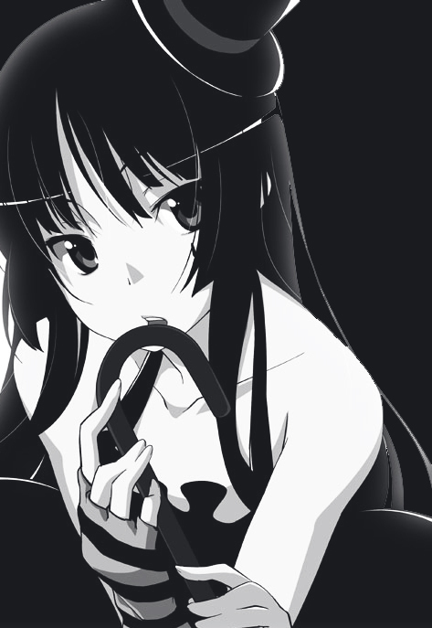 akiyama mio, don't say "lazy", k-on!, 00s, 1girl, black hair, blunt bangs, female focus, greyscale, hat, hime cut, long hair, mini hat, mini top hat, monochrome, solo, top hat