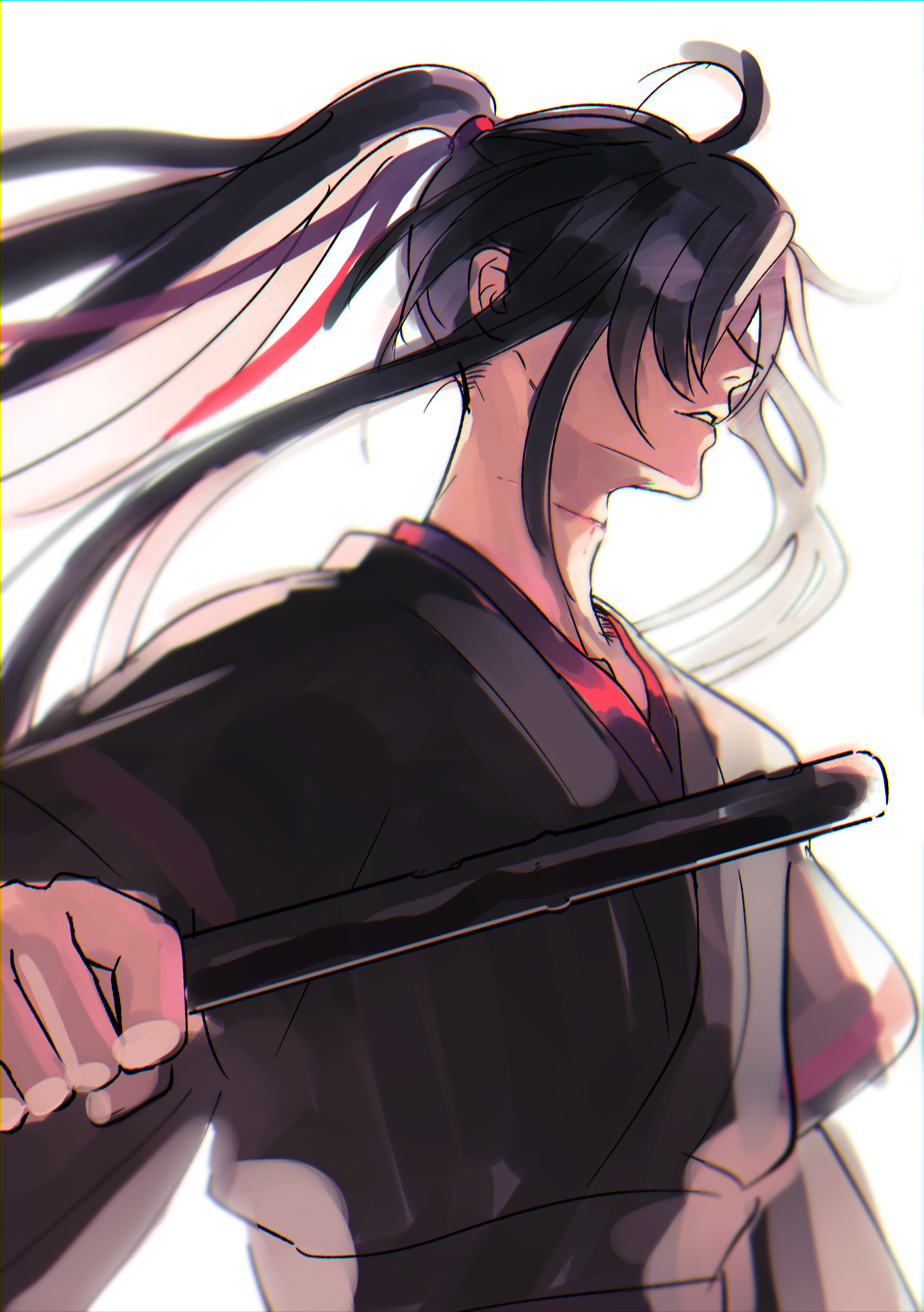 actcat3, wei wuxian, modao zushi, absurdres, highres, 1boy, ahoge, backlighting, black hair, black hanfu, chenqing flute, chinese clothes, closed eyes, dizi, floating hair, flute, from side, hair ribbon, hanfu, holding, holding flute, holding instrument, instrument, long hair, long sleeves, male focus, parted lips, ponytail, profile, red ribbon, ribbon, robe, sidelocks, simple background, smile, solo, transverse flute, upper body, white background, wide sleeves