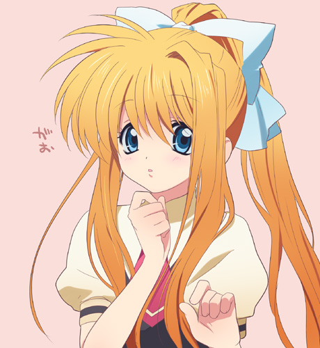 satowo, kamio misuzu, air (visual novel), lowres, 00s, blonde hair, blue eyes, hair ribbon, long hair, ponytail, ribbon, school uniform, solo