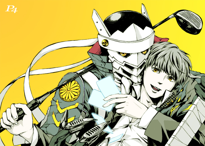 meji, izanagi (persona 4), narukami yu, atlus, persona, persona 4, bad id, bad pixiv id, 1boy, card, card with aura, floating card, golf club, grey hair, holding, holding card, hug, male focus, mask, school uniform, short hair, yaoi, yellow eyes