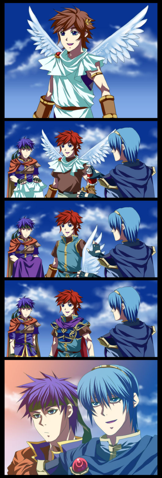 ike (fire emblem), marth (fire emblem), pit (kid icarus), roy (fire emblem), fire emblem, fire emblem: mystery of the emblem, fire emblem: path of radiance, fire emblem: the binding blade, kid icarus, nintendo, super smash bros., highres, long image, tall image, 3boys, blue eyes, blue hair, brown hair, cape, comic, cosplay, gloves, headband, multiple boys, red hair, silent comic, smile, tiara, wings