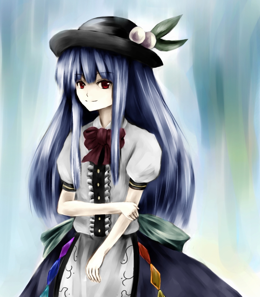 parsley-f, hinanawi tenshi, touhou, bad id, bad pixiv id, 1girl, blue hair, female focus, food, fruit, hat, long hair, peach, red eyes, smile, solo, standing