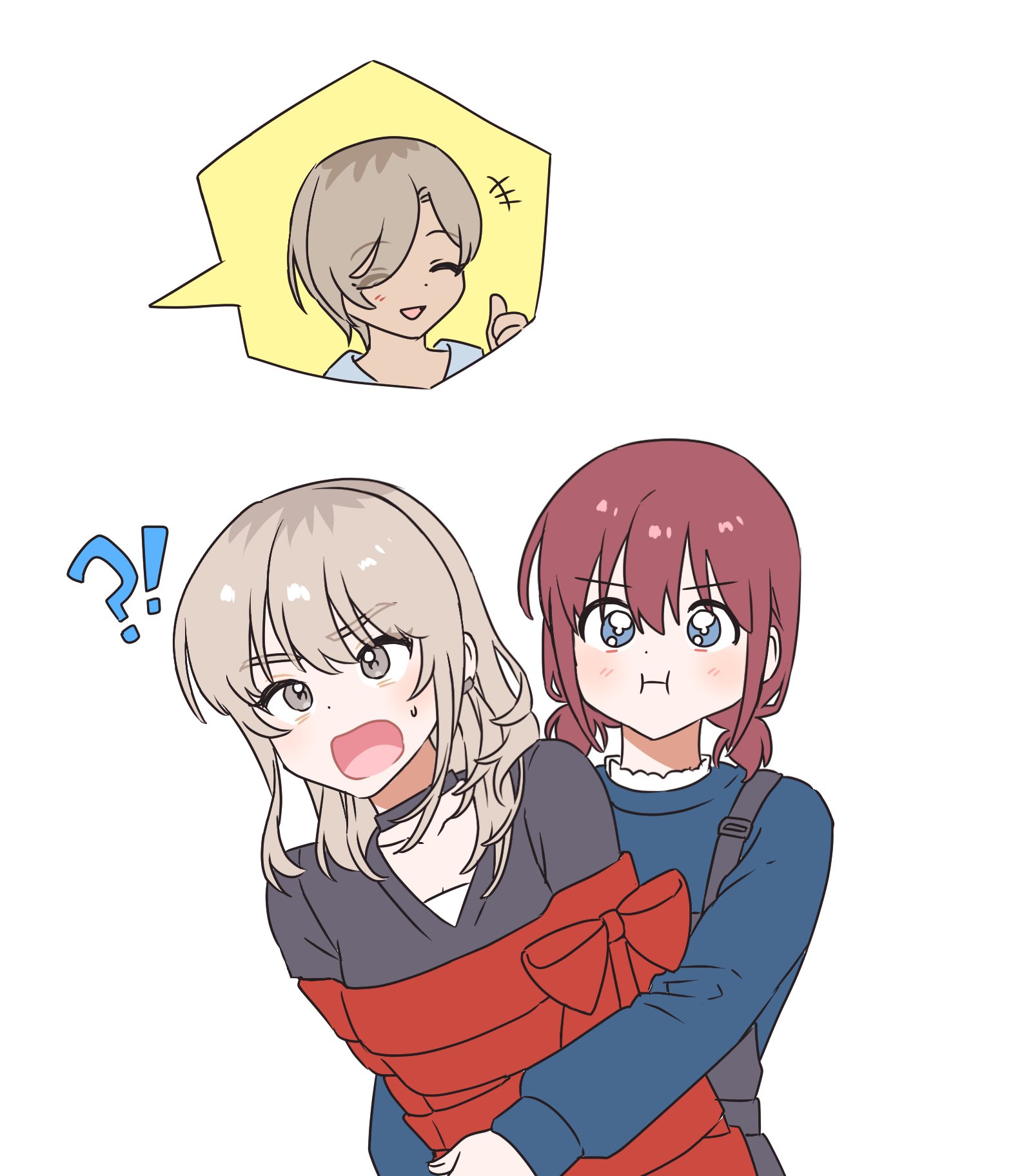 habsida (habsida hpy), iseri nina, kawaragi momoka, rupa (girls band cry), girls band cry, commentary, highres, 3girls, black choker, black overalls, black sweater, blue eyes, blue sweater, blush, bow, breasts, brown hair, choker, closed mouth, grey eyes, grey hair, hug, long hair, low twintails, multicolored hair, multiple girls, overalls, red bow, red ribbon, ribbon, roots (hair), short hair, short twintails, simple background, sweater, twintails, white background, yuri