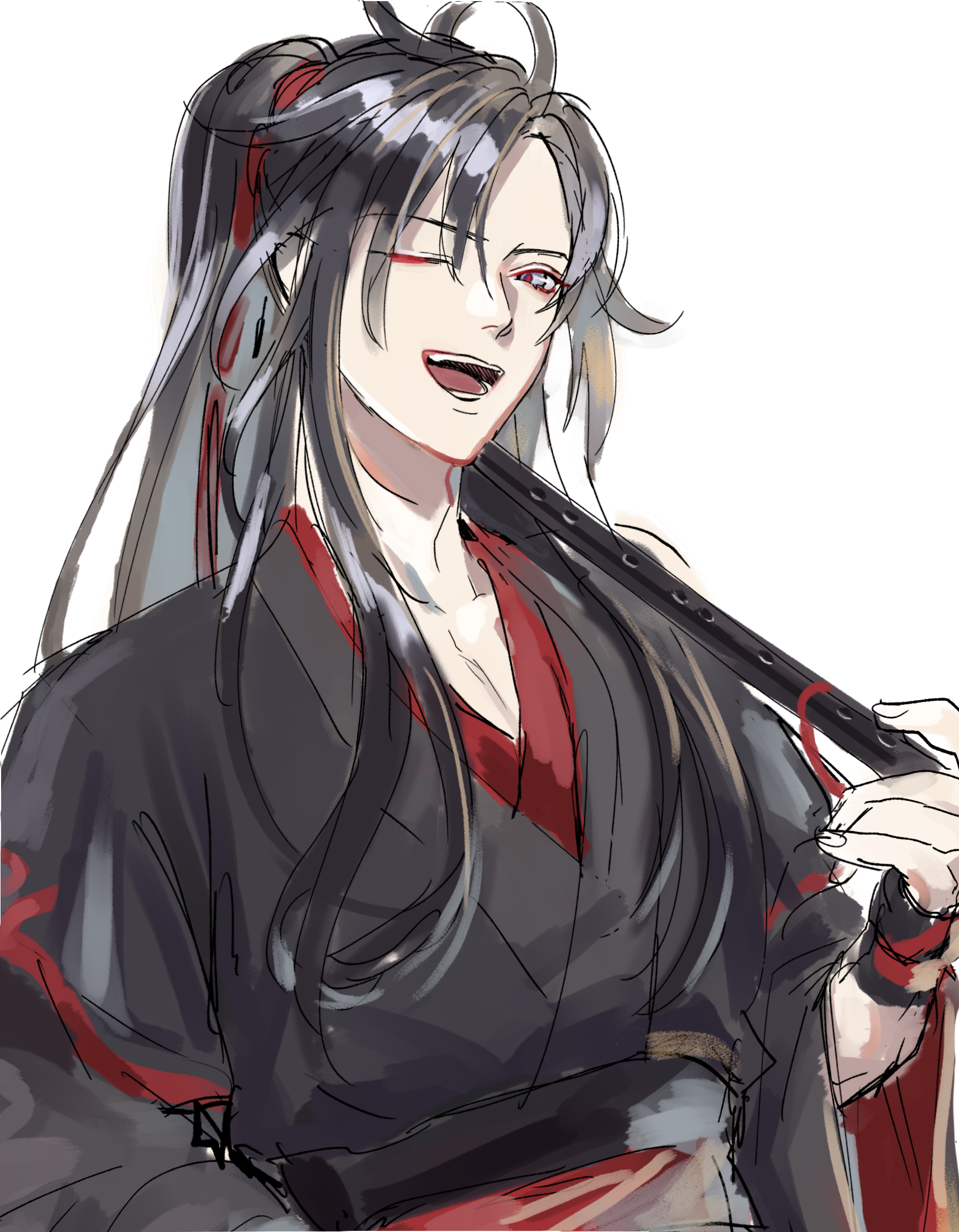 actcat3, wei wuxian, modao zushi, highres, 1boy, ;d, ahoge, black hair, black hanfu, chenqing flute, chinese clothes, dizi, flute, grey eyes, hair ribbon, hanfu, holding, holding flute, holding instrument, instrument, long hair, male focus, one eye closed, open mouth, over shoulder, ponytail, red pupils, red ribbon, red sash, ribbon, robe, sash, sidelocks, simple background, sketch, smile, solo, transverse flute, upper body, vambraces, white background, wide sleeves