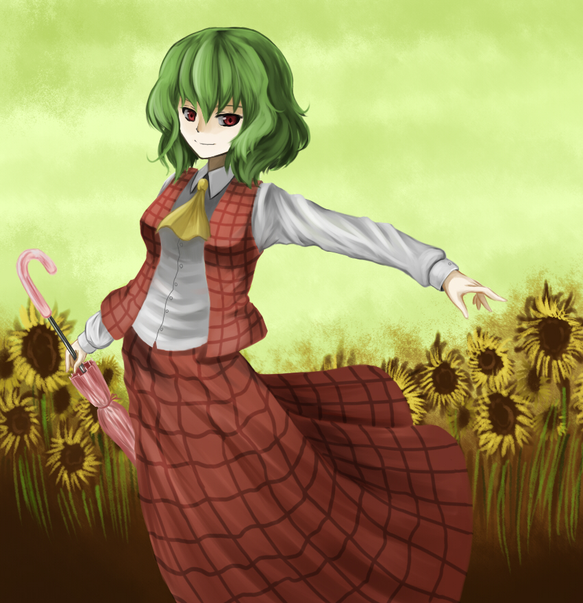 parsley-f, kazami yuuka, phantasmagoria of flower view, touhou, bad id, bad pixiv id, 1girl, ascot, closed umbrella, female focus, flower, green hair, outstretched arm, plaid clothes, plaid skirt, plaid vest, red eyes, short hair, skirt, skirt set, smile, solo, sunflower, umbrella, vest