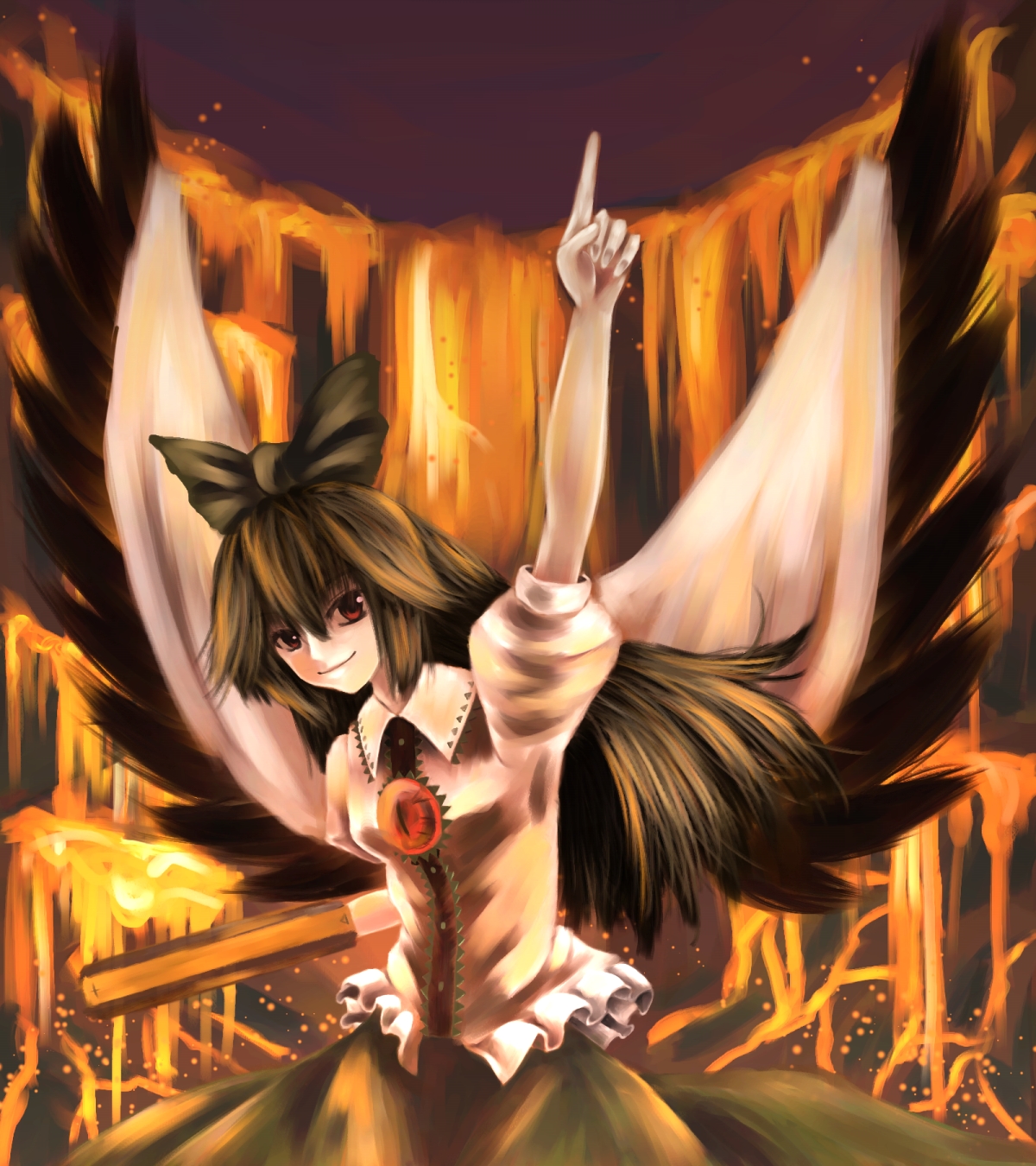 parsley-f, reiuji utsuho, touhou, bad id, bad pixiv id, highres, 1girl, arm cannon, arm up, black bow, bow, brown hair, female focus, lava, long hair, pointing, skirt, solo, weapon, wings