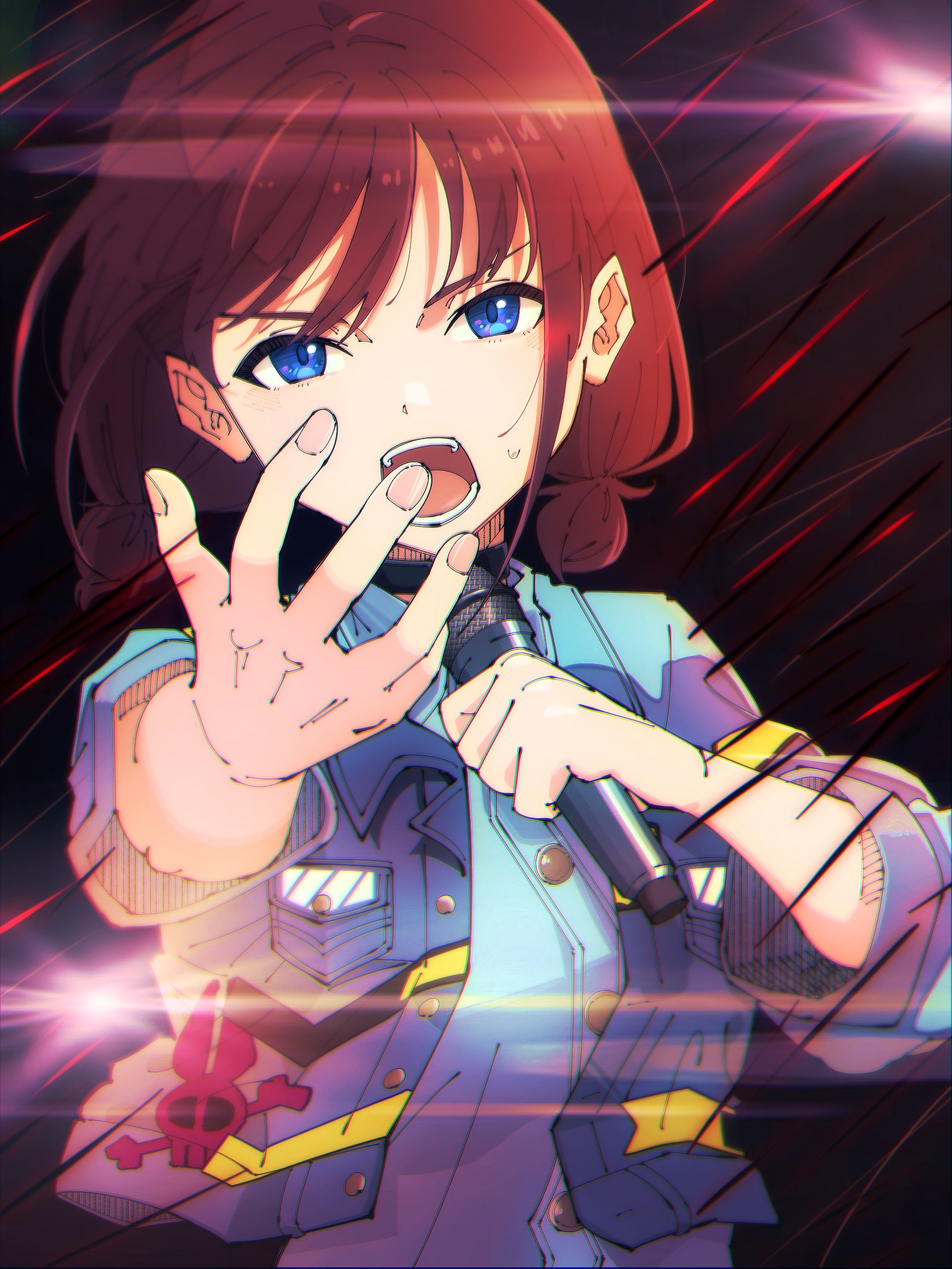 tsuyudashimirin, iseri nina, girls band cry, commentary request, highres, 1girl, black choker, blue eyes, blue jacket, blue shirt, brown hair, choker, dress shirt, hand up, holding, holding microphone, jacket, low twintails, microphone, open mouth, shirt, short hair, short twintails, solo, sweatdrop, teeth, three-quarter sleeves, twintails, upper body