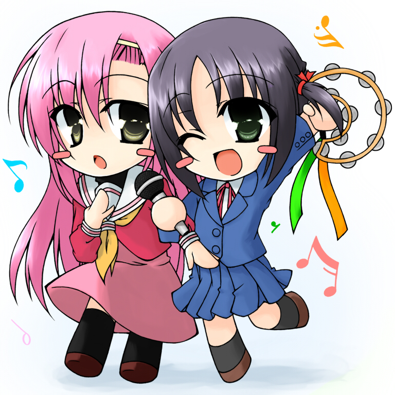 asterisk (asterism), otamon, katsura hinagiku, nishizawa ayumu, hayate no gotoku!, 00s, 2girls, chibi, instrument, karaoke, microphone, multiple girls, musical note, school uniform, tambourine, thighhighs, wink