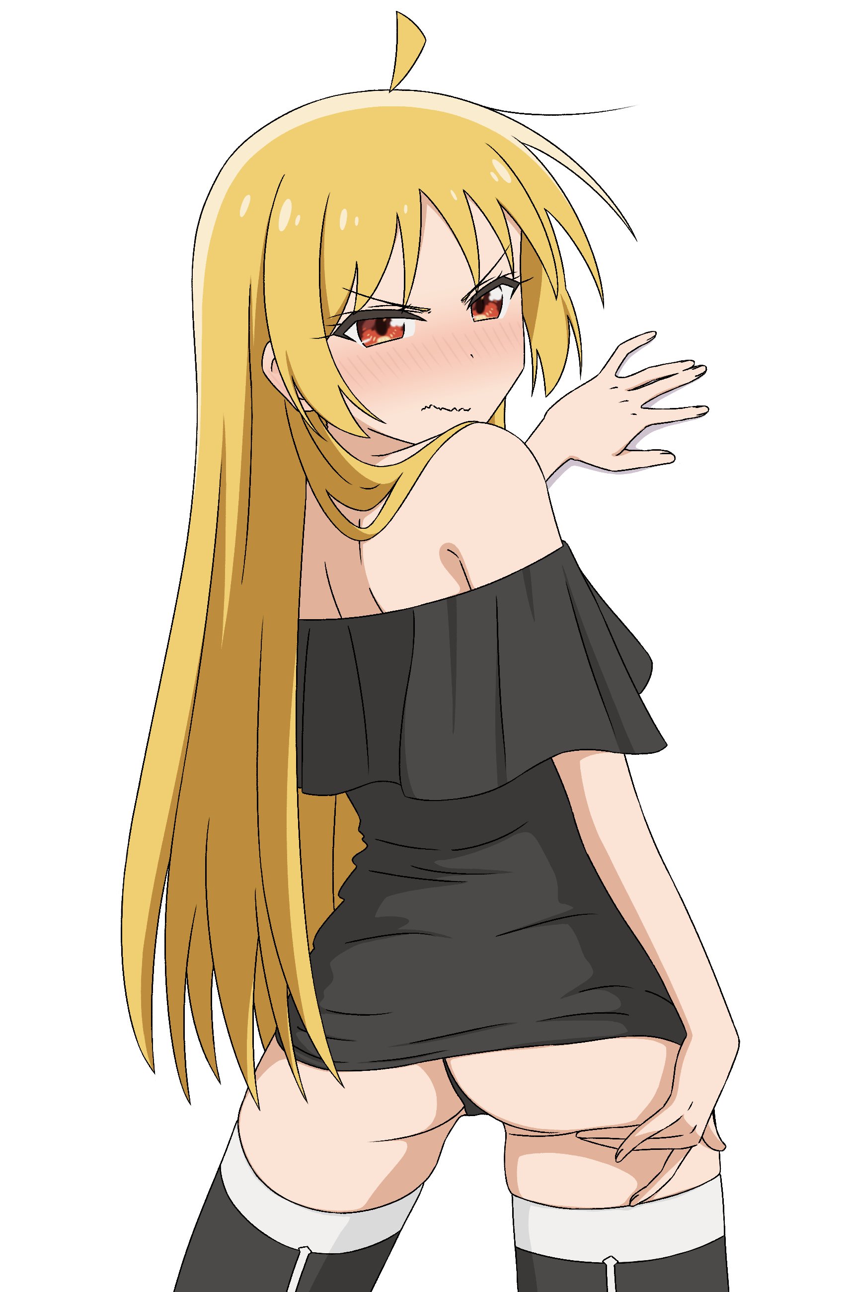 thundradrawings, ijichi seika, bocchi the rock!, 1girl, ahoge, angry, ass, black panties, black shirt, black thighhighs, blonde hair, embarrassed, frilled shirt, frills, from behind, hair over shoulder, hand on own ass, long hair, looking back, off-shoulder shirt, off shoulder, orange eyes, panties, shirt, solo, standing, thighhighs, thong, underwear, wavy mouth, white background