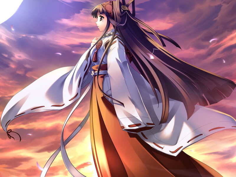 sakaue tsukuyo, tenkuu no yumina, game cg, 1girl, amulet, aqua eyes, black hair, blunt bangs, cloud, female focus, hair ribbon, hairband, hime cut, japanese clothes, jewelry, long hair, miko, mole, mole under eye, necklace, petals, ribbon, sky, solo, twilight, wind