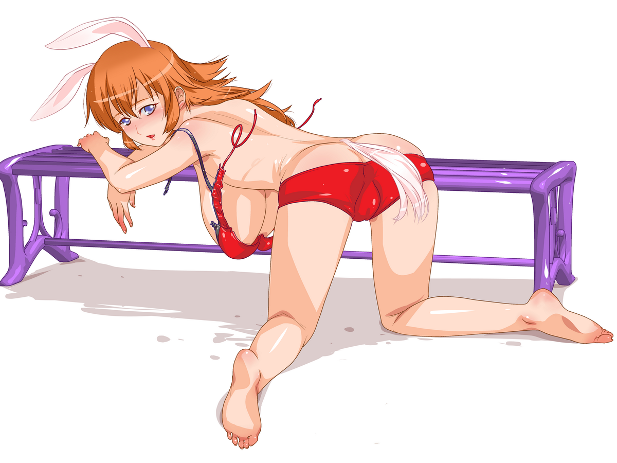 mine (peak), charlotte e. yeager, strike witches, world witches series, 00s, 1girl, animal ears, ass, barefoot, bikini, breasts, butt crack, feet, female focus, hanging breasts, huge breasts, long hair, orange hair, rabbit ears, rabbit girl, rabbit tail, red bikini, sagging breasts, soles, solo, swimsuit, tail, toes