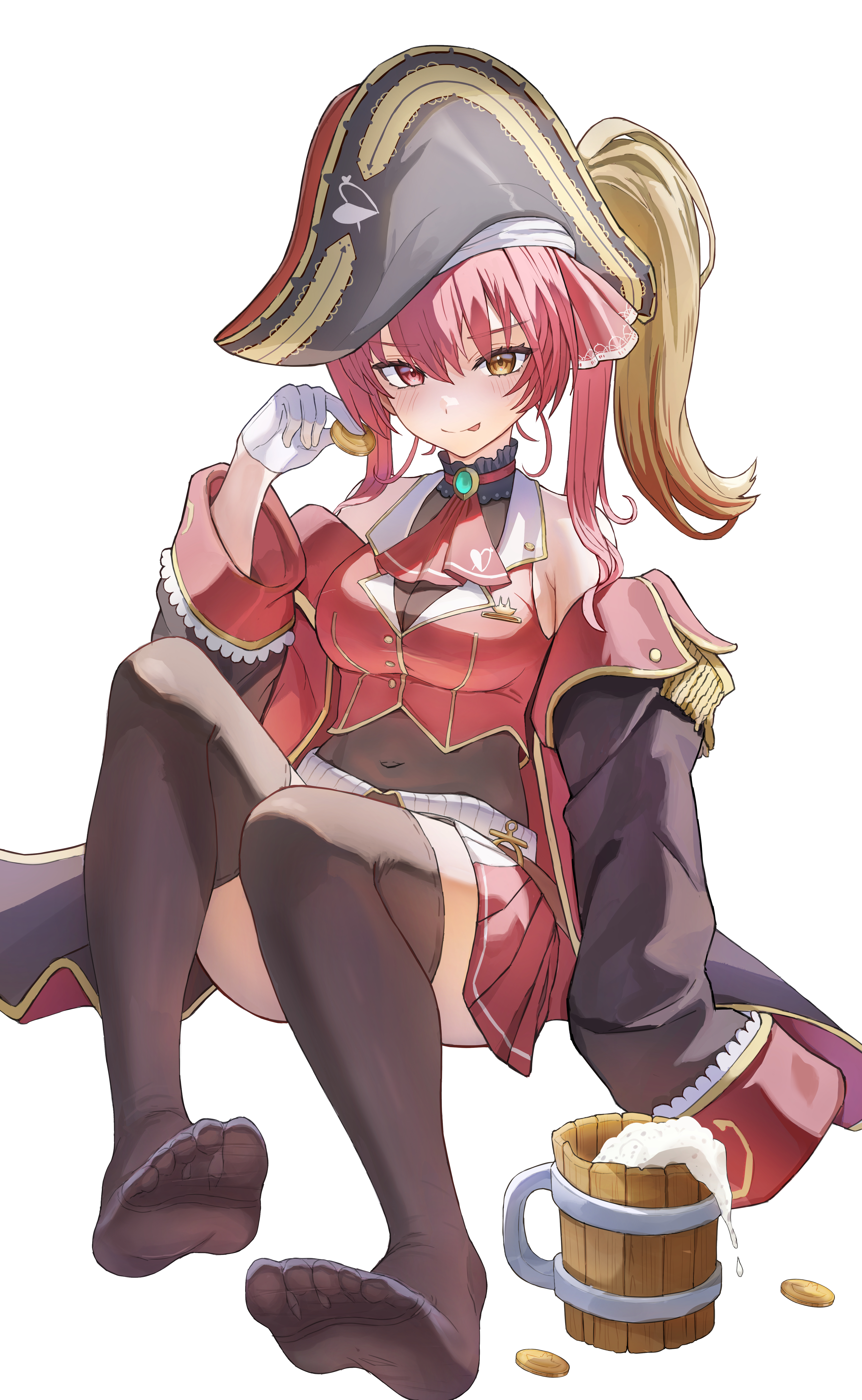 suis (suis022511), houshou marine, hololive, absurdres, highres, 1girl, bare shoulders, black thighhighs, breasts, cleavage, closed mouth, covered navel, feet, foot focus, gloves, hair between eyes, hand up, hat, heterochromia, long hair, long sleeves, medium breasts, midriff, no shoes, pirate, pirate hat, red eyes, red hair, simple background, sitting, smile, solo, thighhighs, toes, tongue, tongue out, virtual youtuber, white background, white gloves, yellow eyes