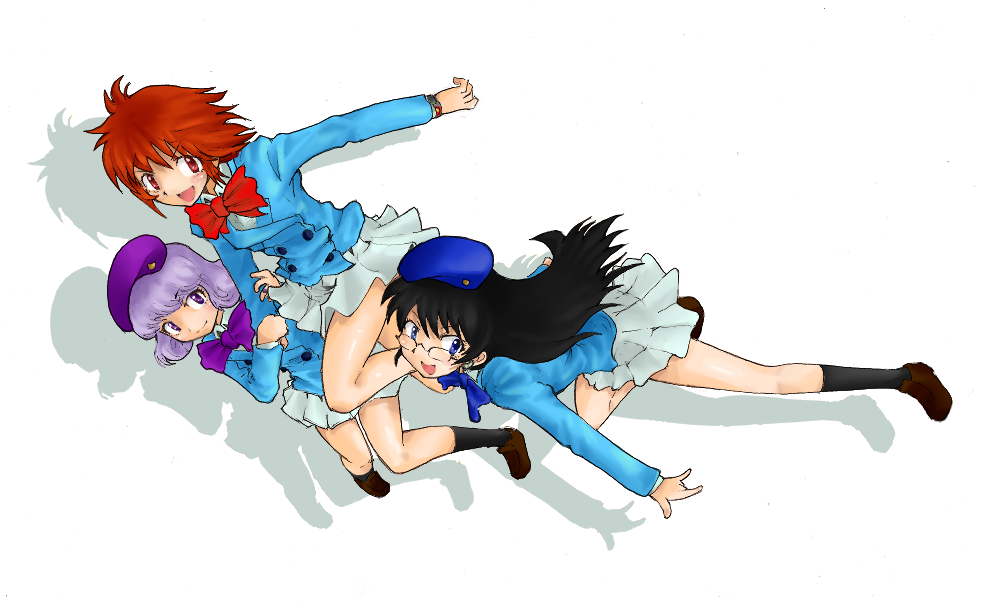 kagami uekusa, akashi kaoru, nogami aoi, sannomiya shiho, zettai karen children, 00s, 3girls, bow, bowtie, glasses, hat, long hair, multiple girls, ribbon, school uniform, shadow, short hair, skirt
