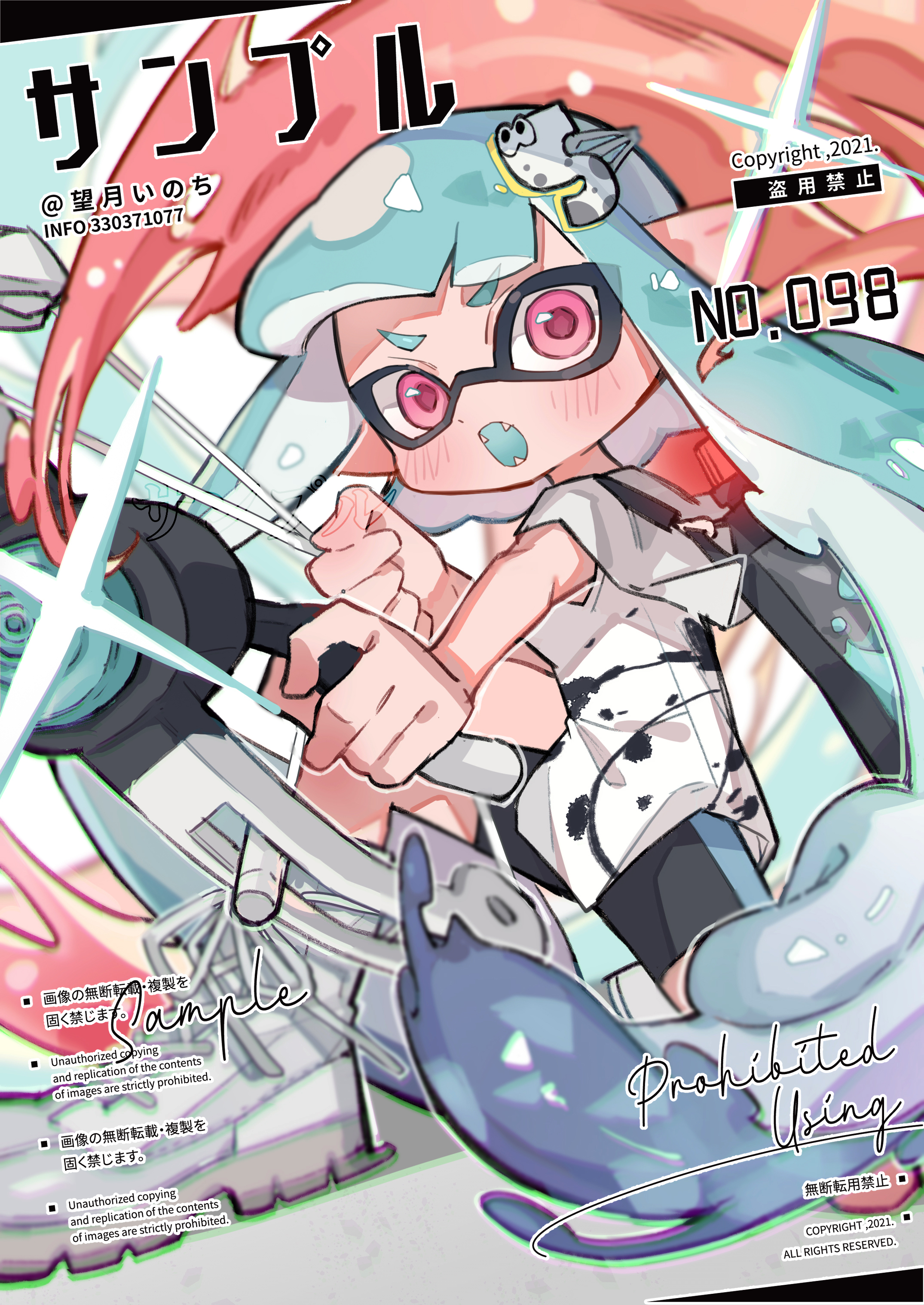 mochizuki inochi, inkling girl, inkling player character, nintendo, splatoon (series), absurdres, highres, 1girl, artist name, black shorts, blue hair, blunt bangs, blush, fangs, full body, gun, holding, holding gun, holding weapon, inkling, long hair, looking at viewer, on one knee, open mouth, pink eyes, sample watermark, shirt, shoes, short sleeves, shorts, sneakers, solo, tentacle hair, thick eyebrows, v-shaped eyebrows, watermark, weapon, white shirt, white shoes