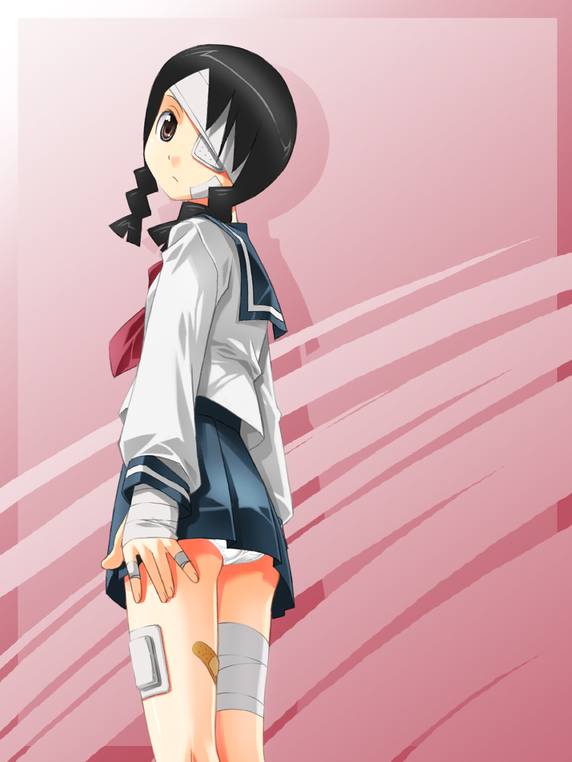 umekichi, kobushi abiru, sayonara zetsubou sensei, bad id, bad pixiv id, 00s, bandage over one eye, bandages, black hair, braid, eyepatch, panties, school uniform, solo, twin braids, underwear, upskirt