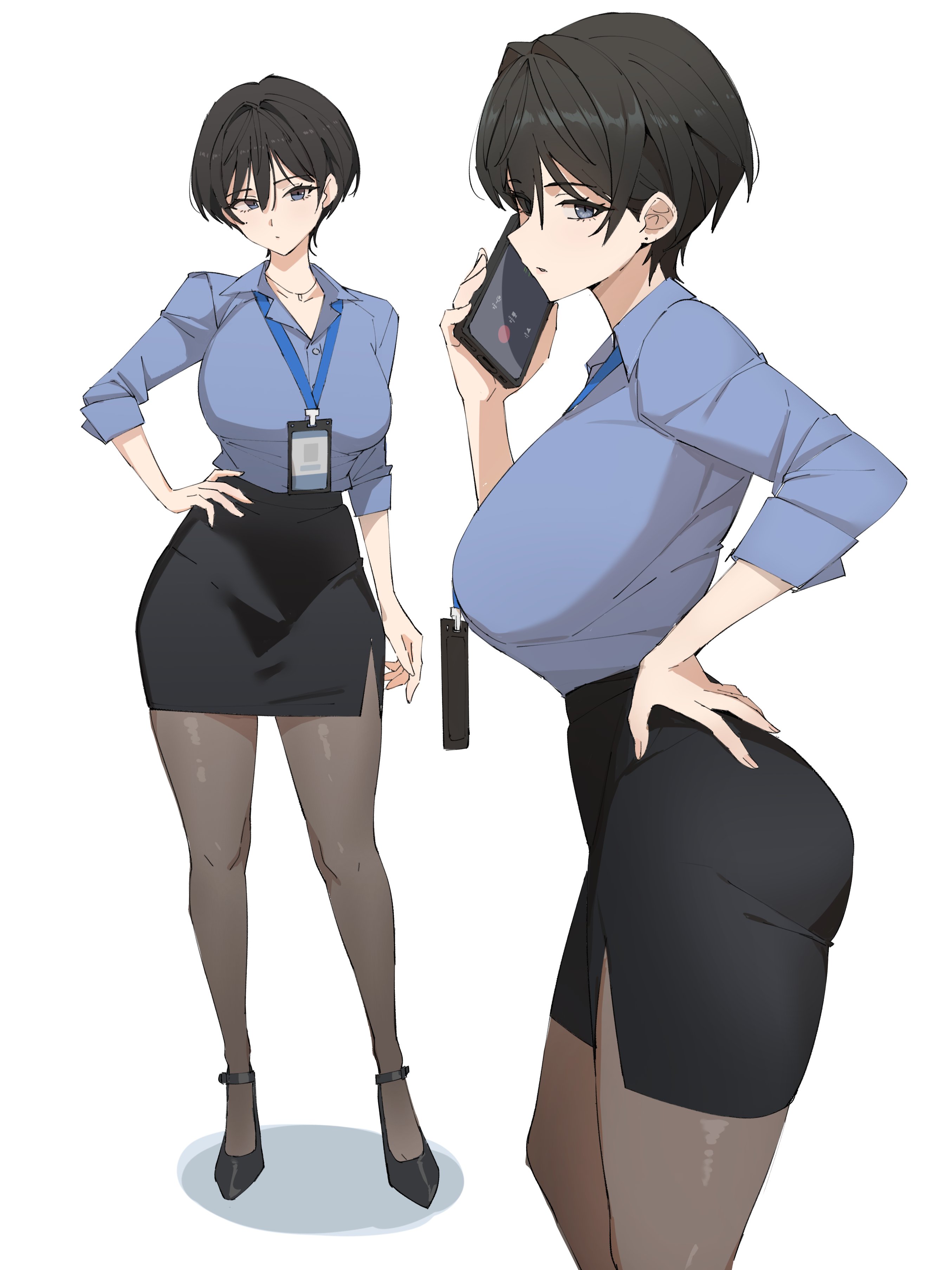 pen guin15, original, absurdres, commentary request, highres, 1girl, :/, black hair, black pantyhose, black shoes, black skirt, blue eyes, blue shirt, breasts, cellphone, closed mouth, collared shirt, cowboy shot, dress shirt, earrings, from side, full body, hair between eyes, hand on own hip, holding, holding phone, id card, jewelry, lanyard, large breasts, looking at viewer, mole, mole on cheek, multiple views, necklace, office lady, pantyhose, parted lips, pencil skirt, phone, shirt, shoes, sideways glance, sideways mouth, simple background, skirt, sleeves rolled up, smartphone, standing, stud earrings, talking on phone, white background