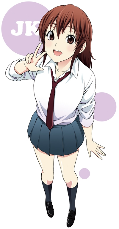 kase daiki, original, brown eyes, brown hair, dress shirt, kneehighs, miniskirt, necktie, pleated skirt, school uniform, shirt, skirt, sleeves rolled up, smile, socks, solo, v