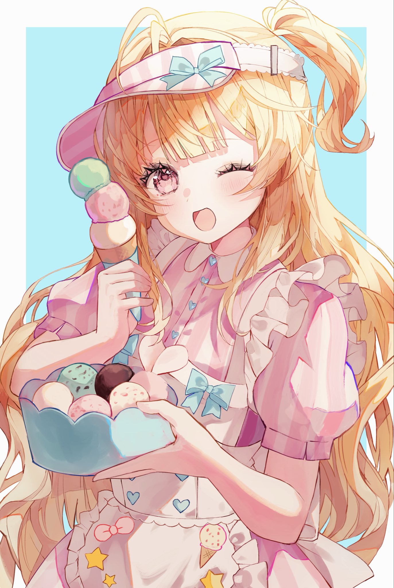 ebimau, original, highres, 1girl, apron, blonde hair, blue bow, blush, border, bow, bowl, dress, food, frills, holding, holding bowl, holding food, holding ice cream, ice cream, ice cream cone, long hair, looking at viewer, one eye closed, one side up, open mouth, pink eyes, pink shirt, puffy short sleeves, puffy sleeves, shirt, short sleeves, smile, solo, striped clothes, striped shirt, upper body, vertical-striped clothes, visor cap, white border