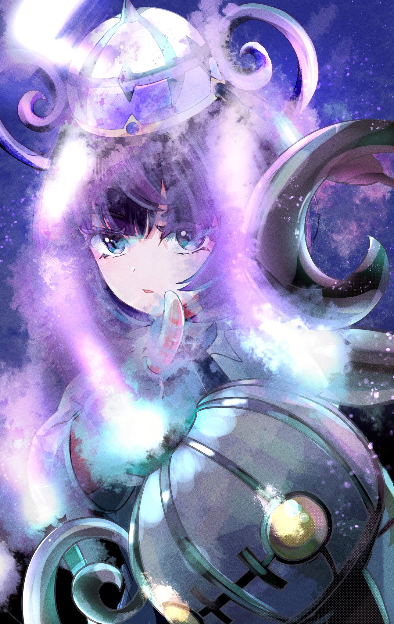 kws4k, chandelure, gwynn (pokemon), nintendo, pokemon, pokemon legends: z-a, highres, 1girl, black hair, coat, fire, gen 5 pokemon, hat, index finger raised, long sleeves, looking at viewer, open mouth, pokemon (creature), purple fire, short hair, upper body, white coat
