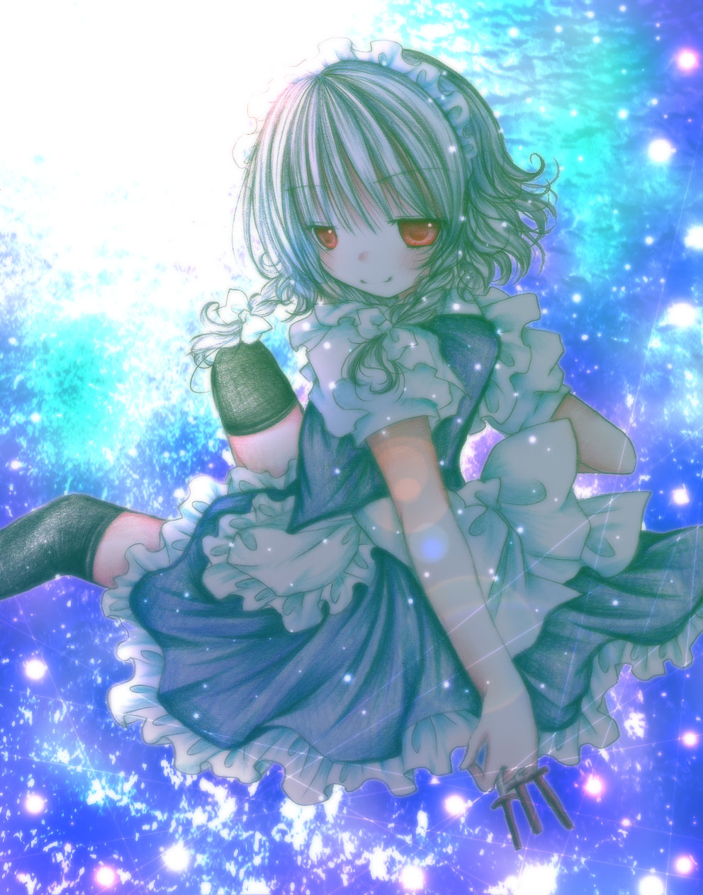 kasuga sunao, izayoi sakuya, embodiment of scarlet devil, touhou, bad id, bad pixiv id, highres, 1girl, black thighhighs, braid, female focus, gradient background, knife, maid, red eyes, short hair, solo, thighhighs, throwing knife, twin braids, weapon