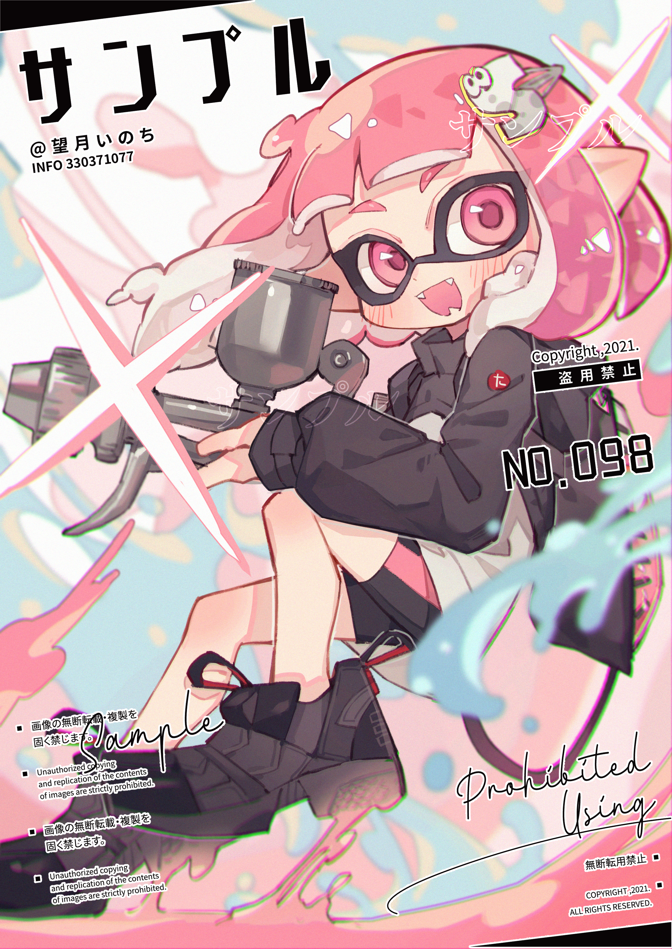 mochizuki inochi, inkling girl, inkling player character, nintendo, splatoon (series), absurdres, highres, 1girl, :d, artist name, black jacket, black shoes, black shorts, blue background, blunt bangs, blush, fangs, full body, gun, holding, holding gun, holding weapon, inkling, jacket, long sleeves, looking at viewer, open mouth, pink eyes, pink hair, pointy ears, sample watermark, shoes, short hair, shorts, smile, solo, tentacle hair, thick eyebrows, watermark, weapon