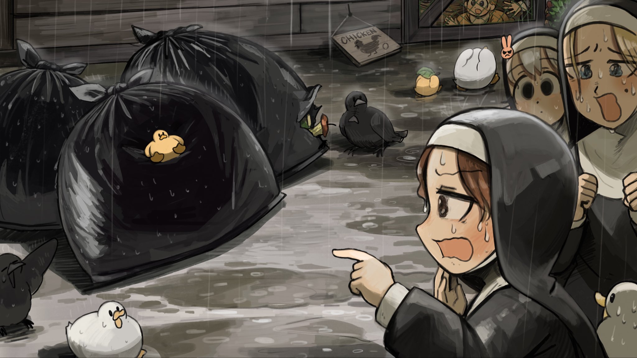 diva (hyxpk), bunny nun (diva), clumsy nun (diva), hungry nun (diva), strict nun (diva), little nuns (diva), highres, 4girls, aged down, angry, apple, apple core, baby animal, bird, black eyes, blonde hair, blue eyes, brown eyes, brown hair, chicken, crow, duck, duckling, food, fruit, grey hair, hair ornament, mole, mole on cheek, multiple girls, nervous sweating, nun, pointing, rabbit hair ornament, rain, sweat, traditional nun, trash bag, wet, wet clothes, wet hair, worried