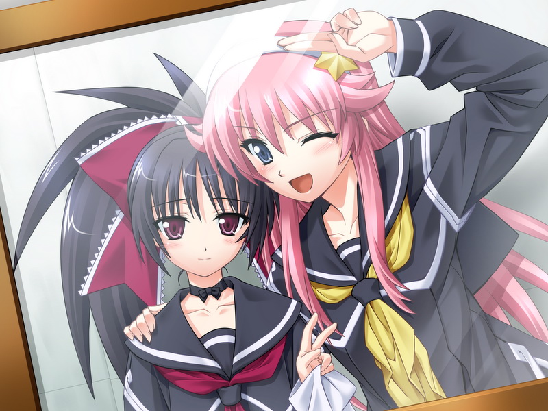 matsuryuu, kurokawa kirara, midorishita yumina, tenkuu no yumina, game cg, photo (medium), aqua eyes, bent v, black hair, blue eyes, blush, bow, choker, hair bow, hairband, long hair, one eye closed, photo (object), pink eyes, pink hair, ribbon, salute, school uniform, v, wink