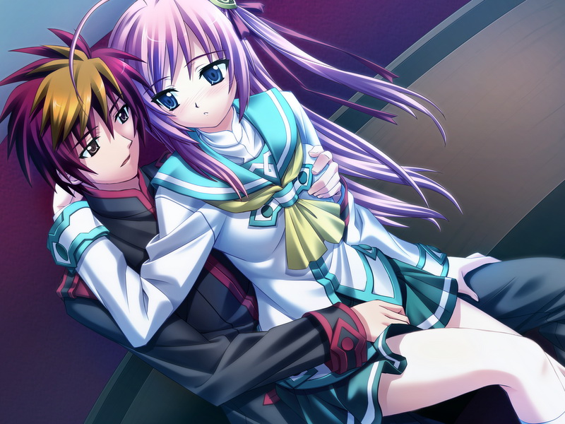 matsuryuu, midorishita yumina, tenkuu no yumina, game cg, 1boy, 1girl, aqua eyes, blue eyes, blush, breasts, colored bangs, couple, dutch angle, grabbing another's breast, gradient hair, grey eyes, groping, hetero, long hair, multicolored hair, pink hair, purple hair, school uniform, sitting, sitting on lap, sitting on person, two-tone hair