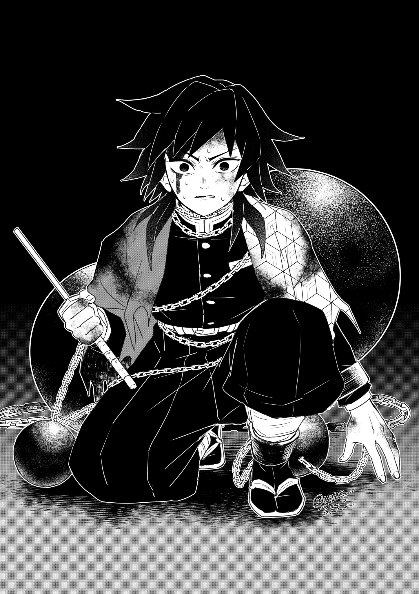 tomioka giyuu, kimetsu no yaiba, highres, 1boy, ball and chain restraint, blood, blood on clothes, blood on face, bloody tears, buttons, demon slayer uniform, full body, haori, high collar, holding, holding sword, holding weapon, jacket, japanese clothes, katana, kikkoumon, looking at viewer, low ponytail, male focus, pants, ponytail, print haori, sandals, socks, solo, spiked hair, sword, teeth, weapon, yanae1573 2