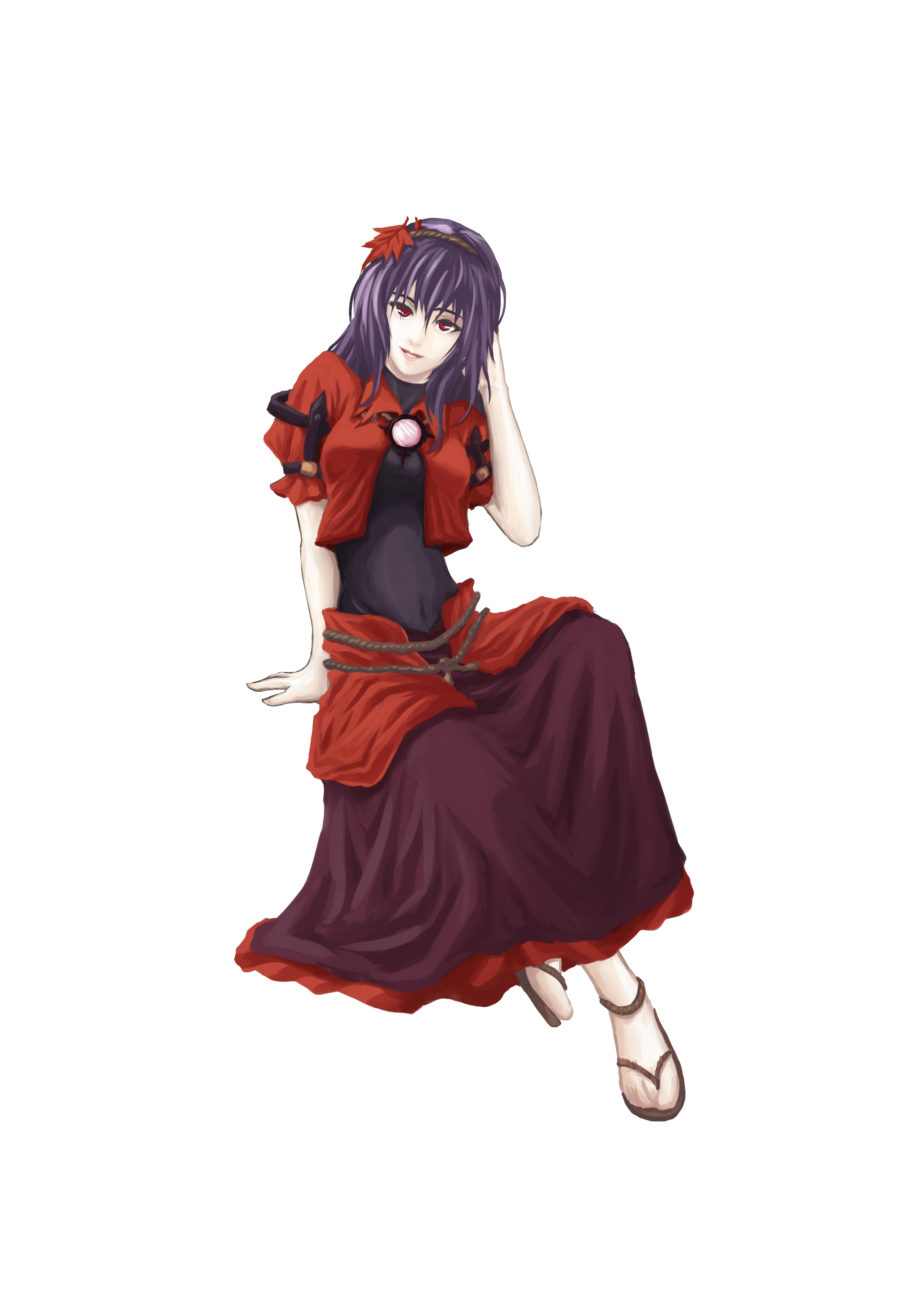 iyokamioto, yasaka kanako, touhou, absurdres, bad id, bad pixiv id, highres, 1girl, alternate costume, female focus, hair ornament, leaf, leaf hair ornament, rope, sitting, solo