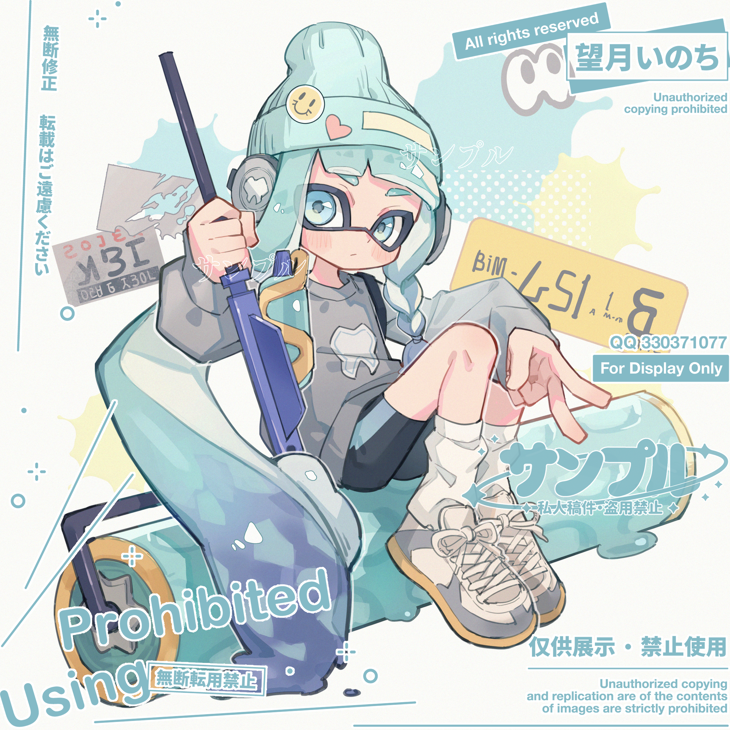 mochizuki inochi, inkling girl, inkling player character, nintendo, splatoon (series), absurdres, highres, 1girl, artist name, beanie, black shorts, blue eyes, blue hair, blue hat, blunt bangs, blush stickers, braid, closed mouth, full body, grey shirt, hat, holding paint roller, inkling, long hair, long sleeves, looking at viewer, paint roller, shirt, shoes, shorts, single braid, sitting, sneakers, socks, solo, tentacle hair, thick eyebrows, v, watermark, white shoes, white socks