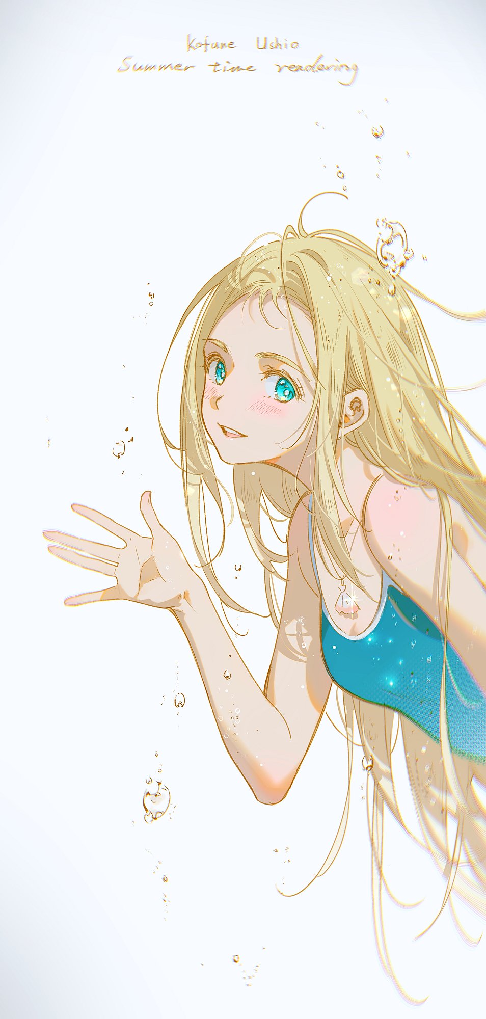 tidsean, kofune ushio, summertime render, commentary, english commentary, highres, 1girl, blonde hair, blue eyes, blue one-piece swimsuit, blush, breasts, bright pupils, bubble, character name, copyright name, glint, jewelry, long hair, looking at viewer, medium breasts, necklace, one-piece swimsuit, open mouth, shell, shell necklace, smile, solo, swimsuit, very long hair, waving, white background, white pupils