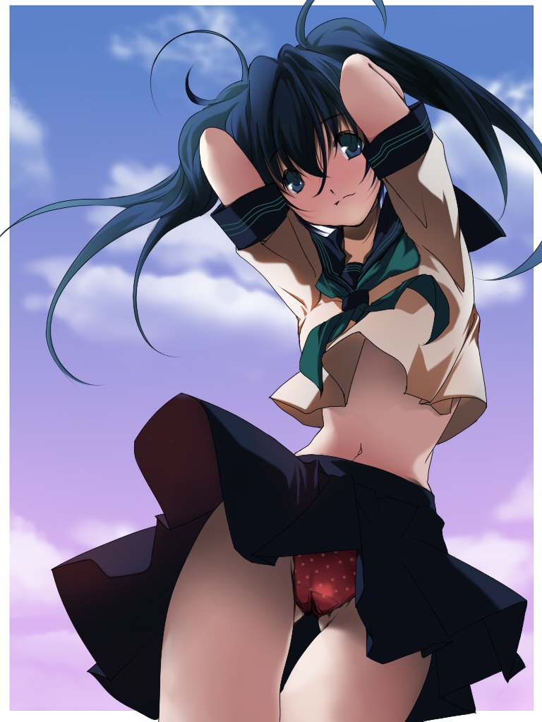 alric, original, 1girl, arms behind back, female focus, from below, midriff, panties, pantyshot, polka dot, polka dot panties, school uniform, serafuku, skirt, solo, twintails, underwear, upskirt