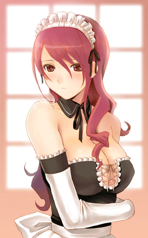 seiru (prairie), kirijou mitsuru, atlus, persona, persona 3, 1girl, bare shoulders, breasts, cleavage, elbow gloves, female focus, gloves, long hair, maid, pink eyes, pink hair, red eyes, red hair, solo, window