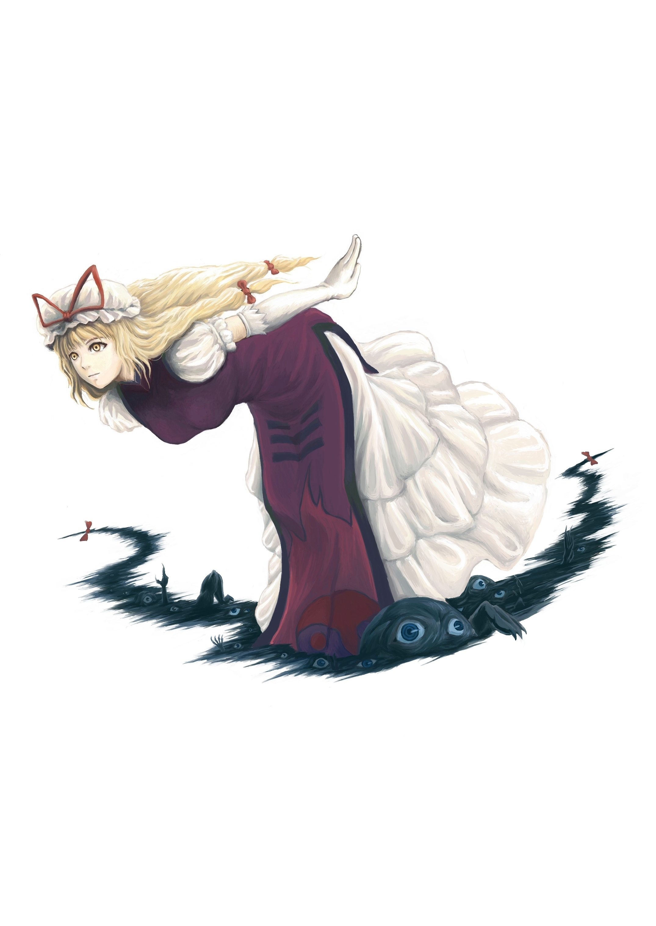 iyokamioto, yakumo yukari, touhou, absurdres, highres, 1girl, :|, claws, closed mouth, empty eyes, female focus, gap (touhou), monster, simple background, solo, staring, white background, yellow eyes
