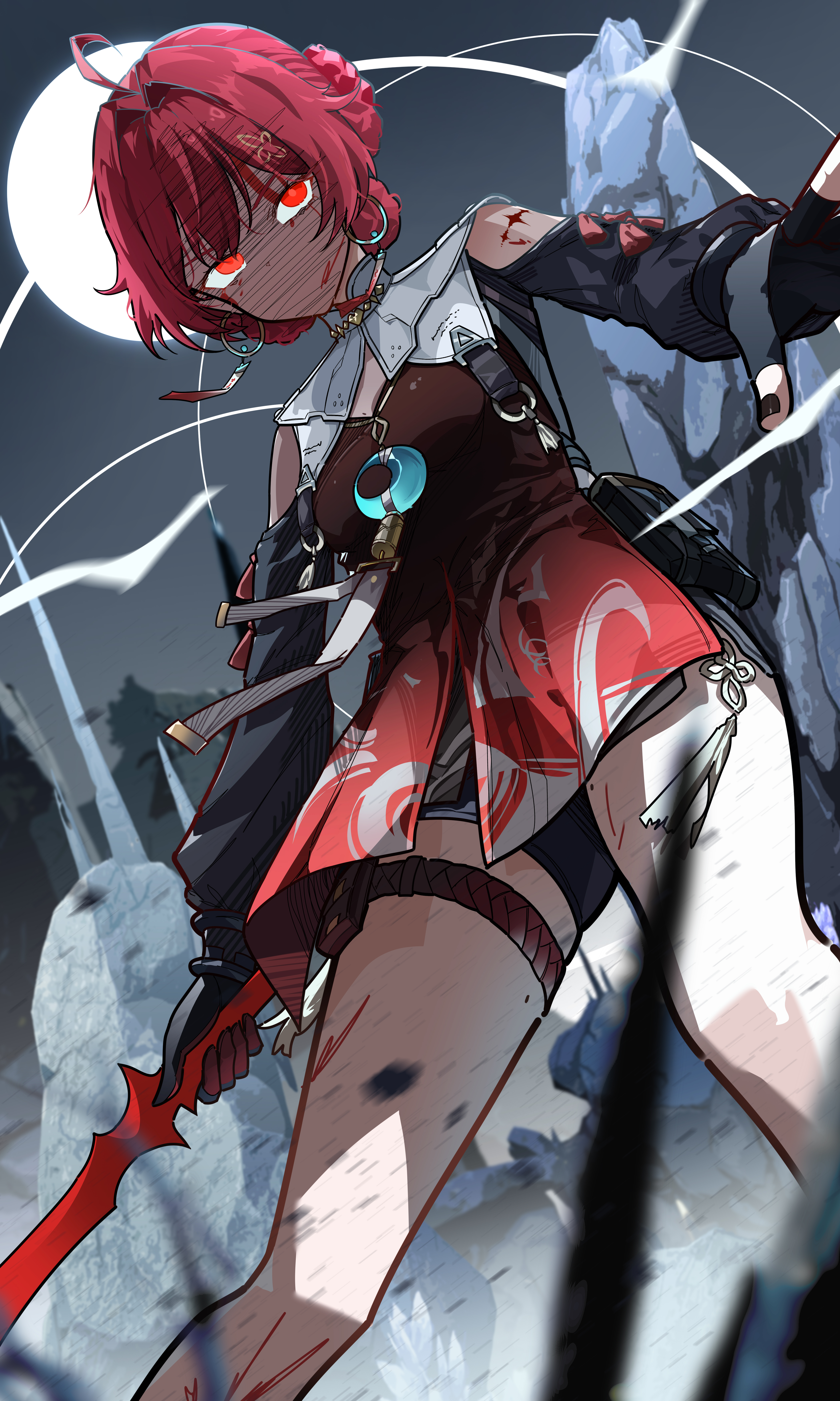 ryeon (naturesan), danjin (wuthering waves), wuthering waves, absurdres, commentary, english commentary, highres, 1girl, ahoge, black bodysuit, black gloves, bodysuit, breasts, clothing cutout, earrings, fingerless gloves, folded braid, from below, gloves, glowing, glowing eyes, hair intakes, hair ornament, holding, holding sword, holding weapon, hoop earrings, jewelry, long sleeves, looking to the side, no mouth, outdoors, red eyes, red hair, red tabard, short hair, shoulder cutout, single fingerless glove, small breasts, solo, sword, tabard, tacet mark (wuthering waves), thighlet, weapon