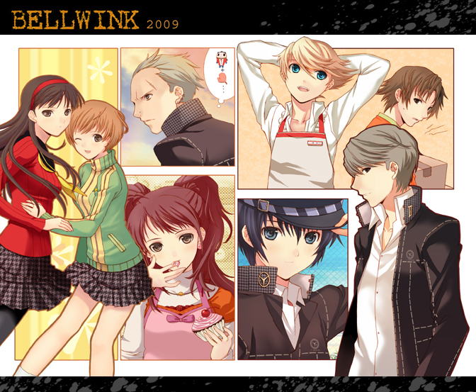 seiru (prairie), amagi yukiko, hanamura yousuke, kujikawa rise, kuma (persona 4), narukami yu, satonaka chie, shirogane naoto, tatsumi kanji, atlus, persona, persona 4, jpeg artifacts, 4boys, 4girls, apron, multiple boys, multiple girls, pantyhose, school uniform