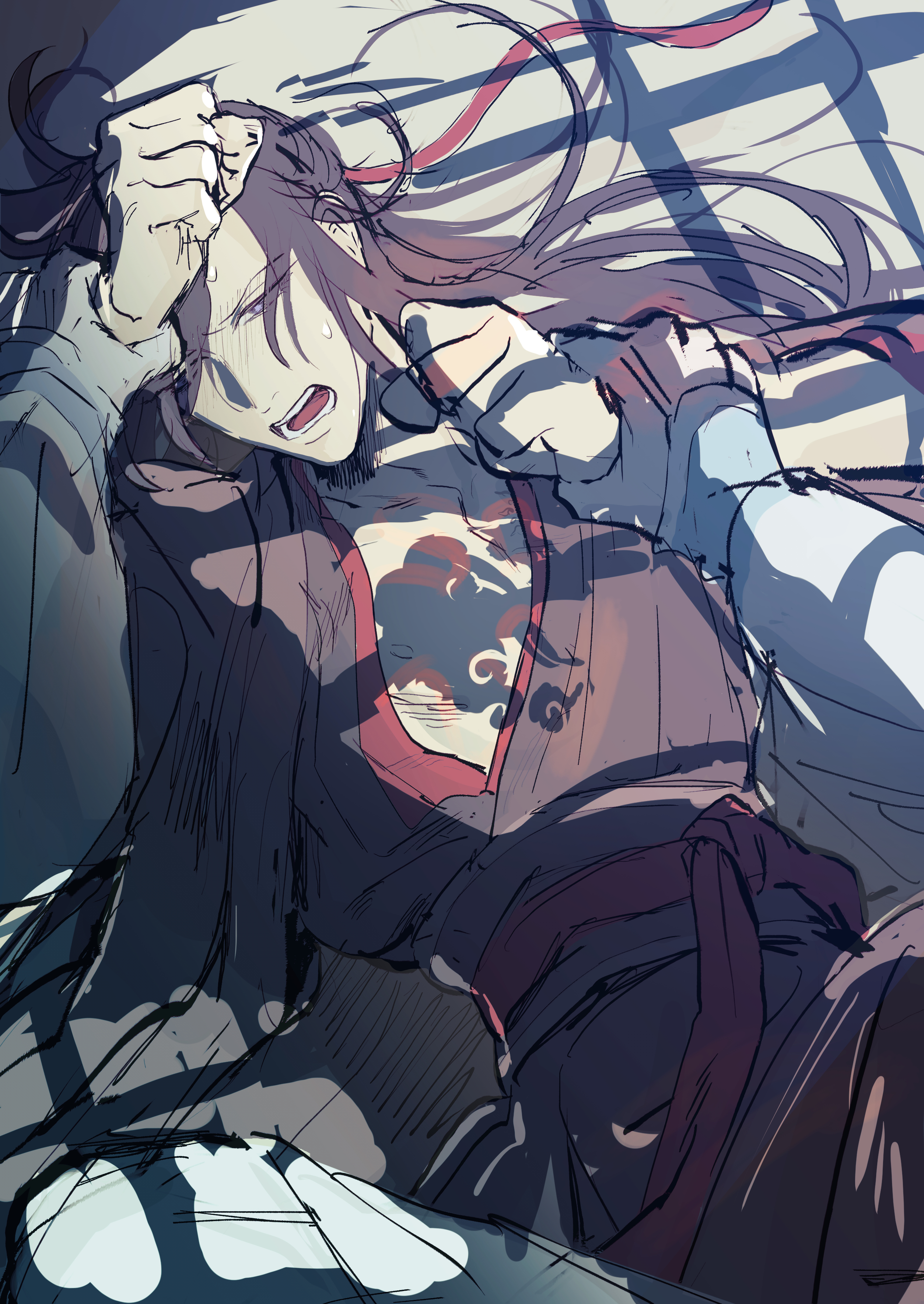 actcat3, lan wangji, wei wuxian, wei wuxian (yiling laozu), modao zushi, absurdres, highres, 2boys, bare pectorals, black hair, black hanfu, blush, chinese clothes, coat, grey coat, hair down, hair ribbon, hair spread out, half-closed eyes, half updo, hanfu, holding another's wrist, long hair, long sleeves, lying, male focus, multiple boys, nipples, official alternate costume, official alternate hairstyle, on back, open clothes, open coat, open mouth, out of frame, pectorals, pov, pov hands, purple eyes, red ribbon, red sash, ribbon, robe, sash, shade, shadow, sketch, solo focus, sweat, white hanfu, wide sleeves, yaoi