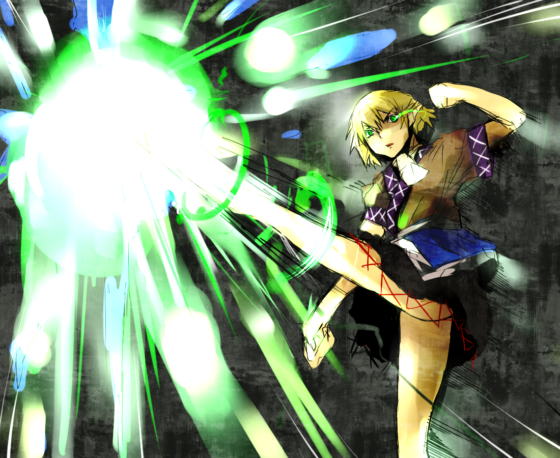 un-known (ninesix), mizuhashi parsee, touhou, bad id, bad pixiv id, 1girl, ass, blonde hair, danmaku, female focus, green eyes, kicking, solo