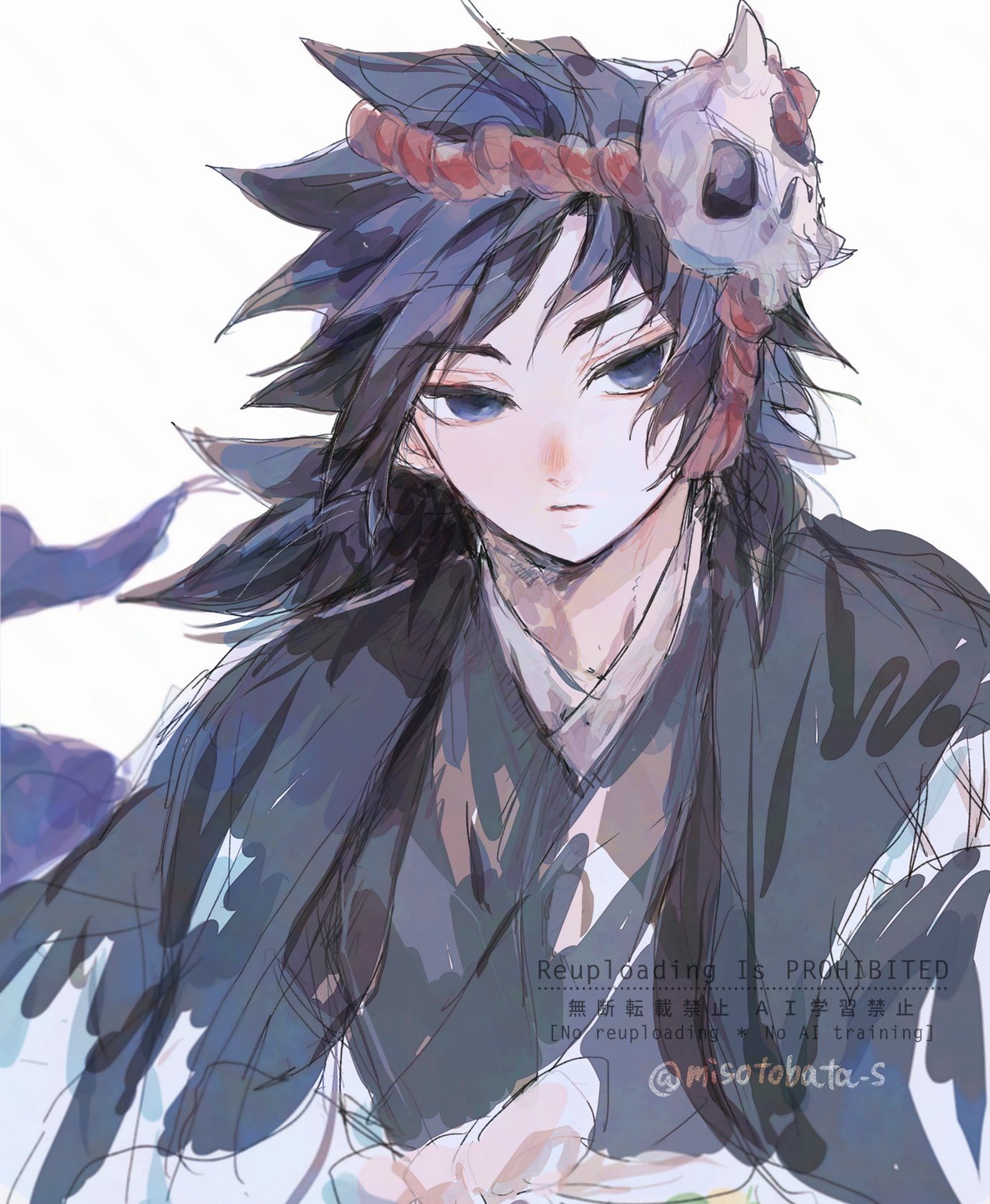 yarakuru, tomioka giyuu, kimetsu no yaiba, highres, 1boy, alternate costume, black hair, black haori, black kimono, blue eyes, closed mouth, empty eyes, english text, haori, japanese clothes, kimono, long hair, low ponytail, male focus, mask, mask on head, ponytail, rope, sample watermark, simple background, skull mask, solo, spiked hair, twitter username, upper body, watermark, white background