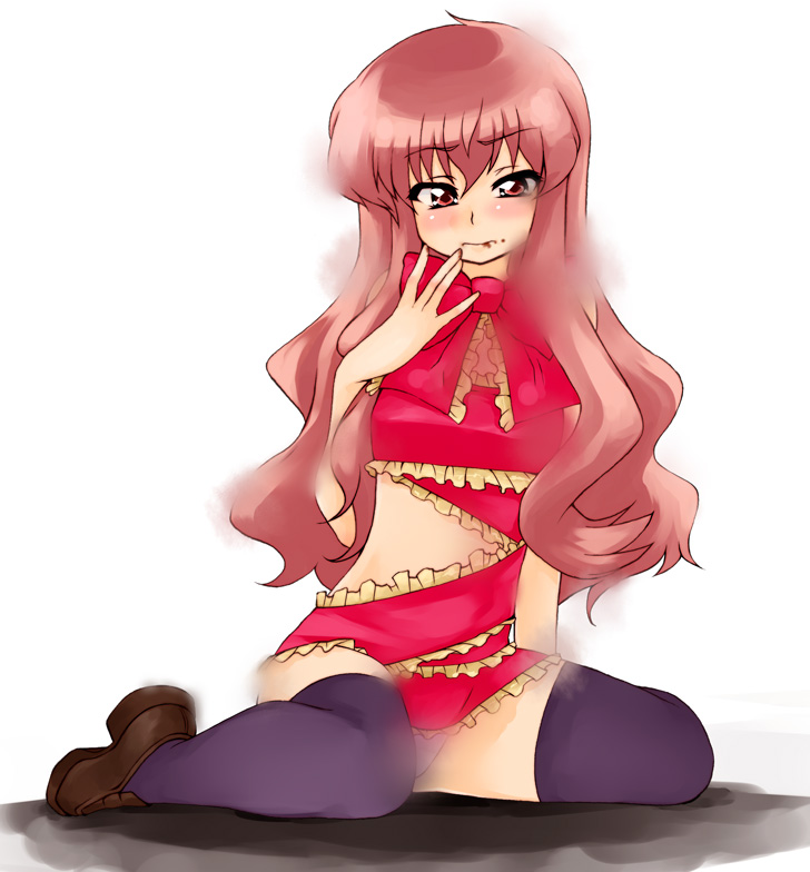 amano hosikawa, louise francoise le blanc de la valliere, zero no tsukaima, 00s, 1girl, blush, bound, female focus, frills, loafers, long hair, midriff, panties, pantyshot, pink eyes, pink hair, ribbon, shoes, sitting, solo, thighhighs, tied up (nonsexual), underwear, wavy hair