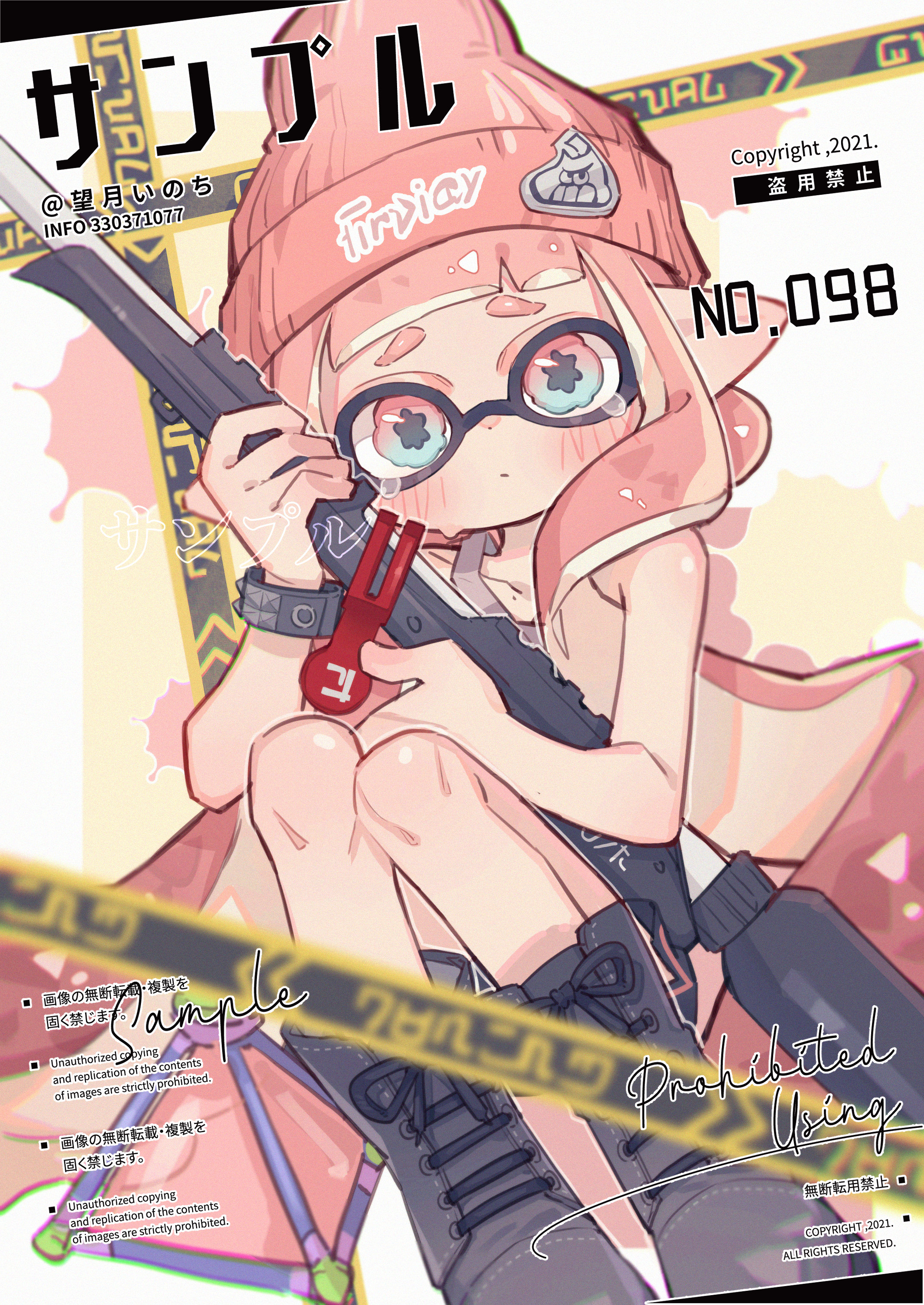 mochizuki inochi, inkling girl, inkling player character, nintendo, splatoon (series), absurdres, highres, 1girl, artist name, bare arms, bare shoulders, beanie, black boots, black shorts, blue eyes, blunt bangs, blush, boots, closed mouth, full body, gun, hat, holding, holding gun, holding weapon, inkling, lace-up boots, long hair, looking at viewer, pink hair, pink hat, pointy ears, sample watermark, shirt, shorts, sitting, sleeveless, sleeveless shirt, solo, tears, tentacle hair, thick eyebrows, watermark, weapon, white shirt