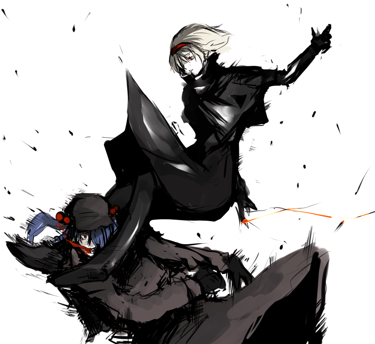 un-known (ninesix), alice margatroid, kawashiro nitori, blame!, touhou, bad id, bad pixiv id, 2girls, alternate costume, blonde hair, blood, blue hair, female focus, hat, kicking, multiple girls, parody, skirt, white background
