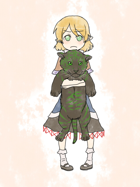 torinone, mizuhashi parsee, touhou, 1girl, blonde hair, cat, dress, female focus, full body, gradient background, green eyes, hug, solo, tiger, white background