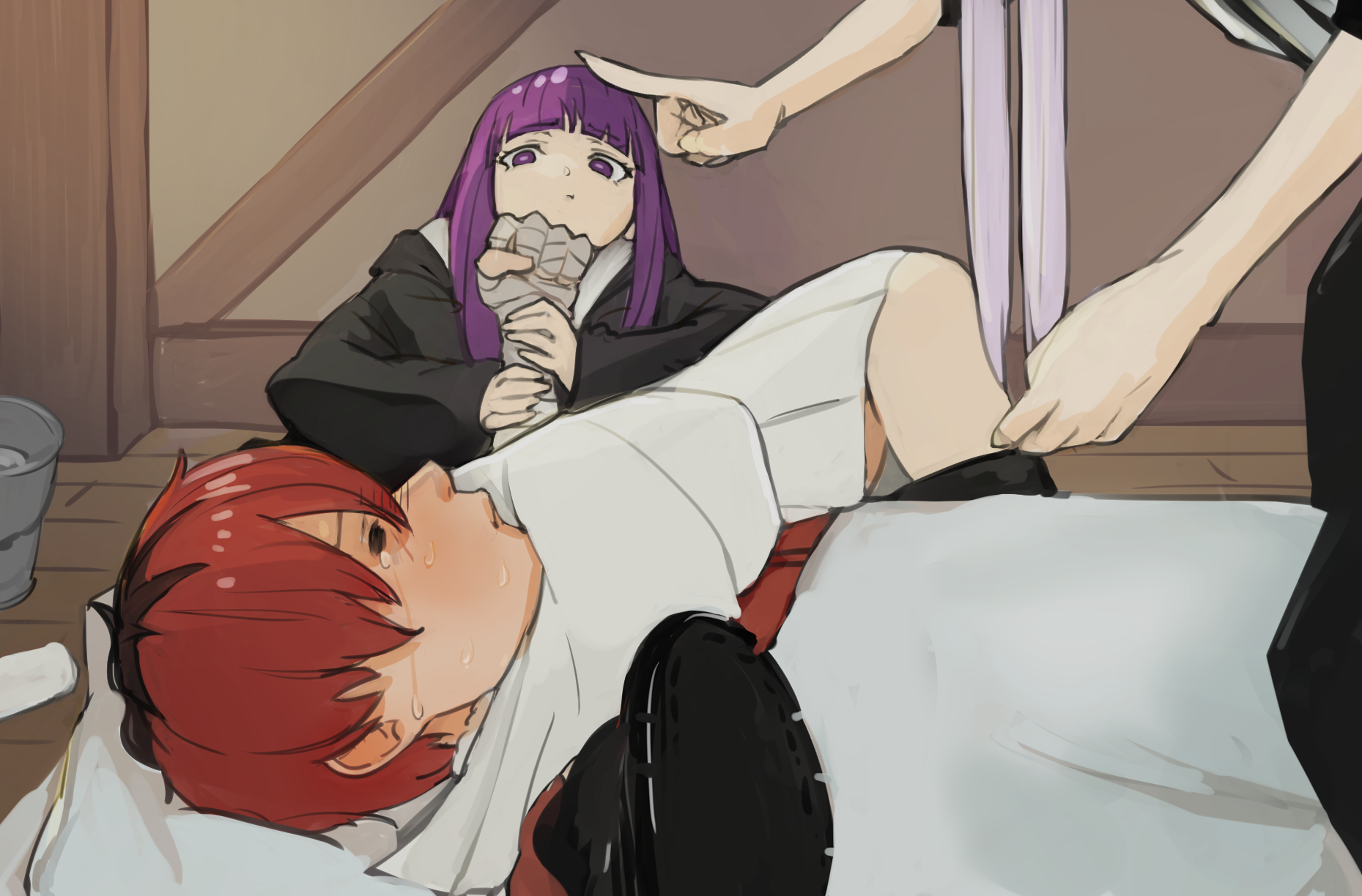 higemu, fern (sousou no frieren), frieren, stark (sousou no frieren), sousou no frieren, commentary, highres, 1boy, 2girls, = =, armbar, black boots, black coat, blunt bangs, blush, boots, bucket, coat, dress, head out of frame, holding another's arm, indoors, leg lock, lying, multiple girls, on side, profile, pulling, purple eyes, purple hair, red hair, referee, shirt, short hair, striped clothes, striped shirt, tears, twintails, vertical-striped clothes, vertical-striped shirt, white dress, white hair, wrestling