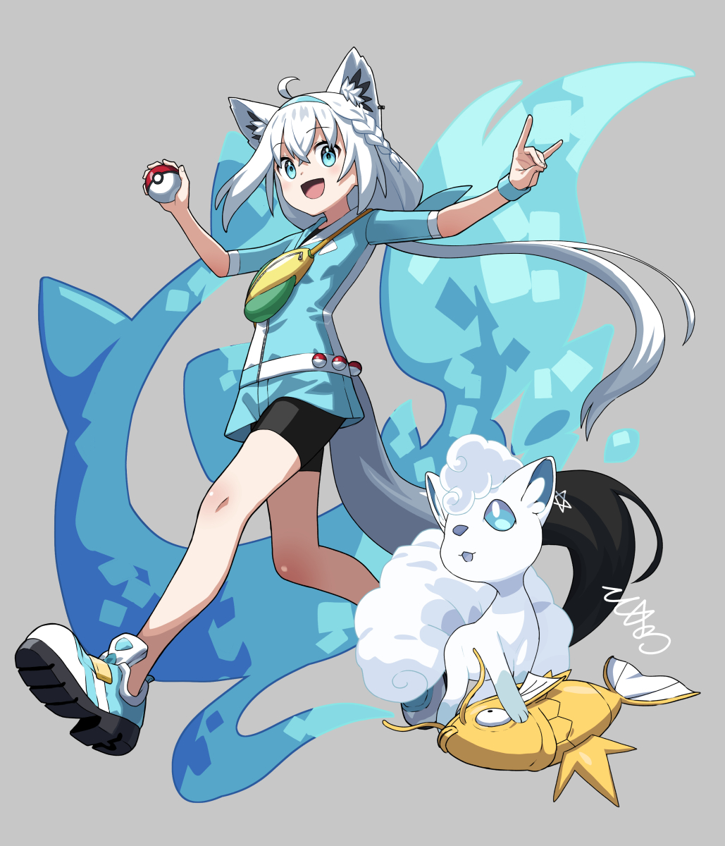 tokumaro, alolan vulpix, magikarp, shirakami fubuki, hololive, nintendo, pokemon, highres, 1girl, 2others, ahoge, alolan form, alternate color, animal ears, aqua eyes, aqua shirt, black shorts, braid, fish, fox, fox ears, fox girl, fox shadow puppet, fox tail, gen 1 pokemon, gen 7 pokemon, hair between eyes, holding, holding poke ball, light blush, long hair, long sleeves, looking at viewer, multiple others, open mouth, pentagram, platform shoes, poke ball, shiny pokemon, shirt, shoes, short shorts, shorts, side braid, smile, tail, very long hair, virtual youtuber, waist poke ball, walking, white hair, wristband